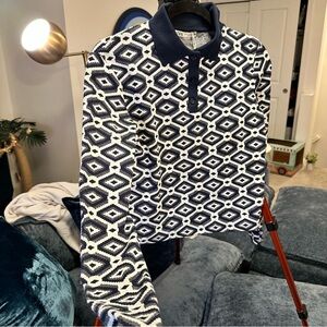 Zara Geometric Print Cropped Long Sleeve Jacquard  Polo in Blue/White